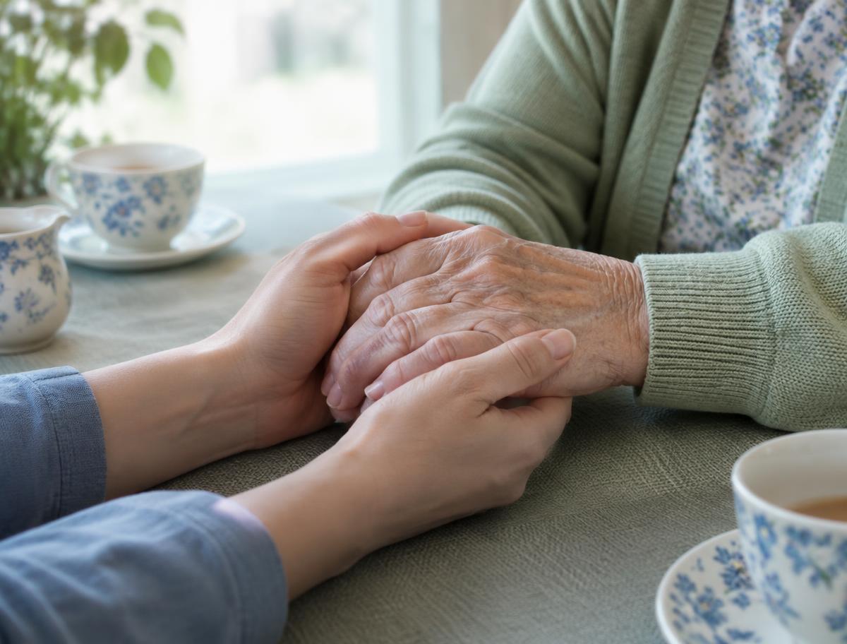 Supportive hands holding an older person's hands